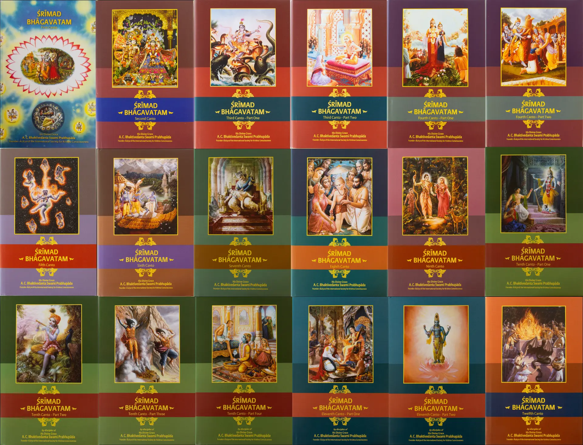 The complete set of Śrīmad-Bhāgavatam volumes with painted covers